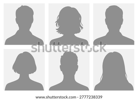 Man and woman Default avatar profile icon. Black silhouette profile pictures of men and women.