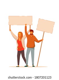 Man and woman demonstrator. Male and female protester or activist with raised fist angry shouting holding empty banner isolated on white background. Political meeting and protest vector illustration