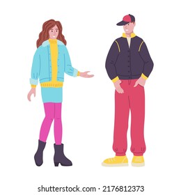 A man and a woman in denim suits in the style of the 90s. Flat vector illustration