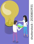 Man and woman design and create application. New creative business idea. People talk and stand near big light bulb. Development of new functions for computers and phones, interface and programming