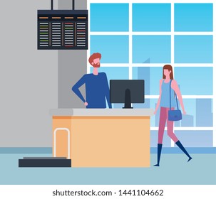 man and woman with desk and computer in the waiting room