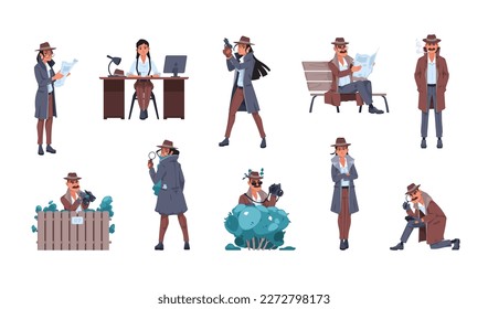 Man and woman detective. Cartoon private inspector characters investigate crime searching for evidence, male female police agents at work. Vector set of cartoon man private illustration detective