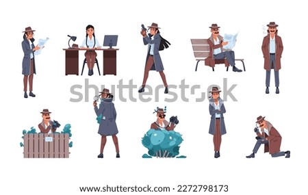 Man and woman detective. Cartoon private inspector characters investigate crime searching for evidence, male female police agents at work. Vector set of cartoon man private illustration detective