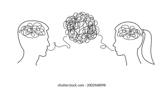 Man and woman dialogue with confused thoughts in their brain. Male and female head silhouettes with convoluted mind and speech. Couple communication, relationship concept. Vector illustration.