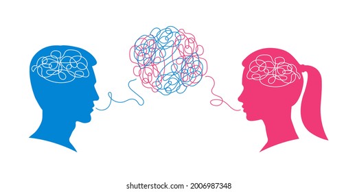 Man and woman dialogue with confused thoughts in their brain. Male and female head silhouettes with convoluted mind and speech. Couple communication, relationship concept. Vector illustration.