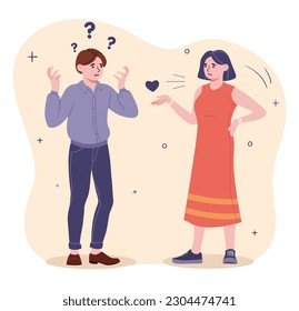 Man and woman dialogue. Young guy asks questions to girl. Quarrel or conflict. Communication and interaction of adolescents, schoolchildren or students. Cartoon flat vector illustration