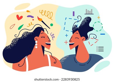 Man and woman different in character and preferences are smiling enjoying interesting company and synergy. concept of collaboration between people with different interests to obtain synergistic effect