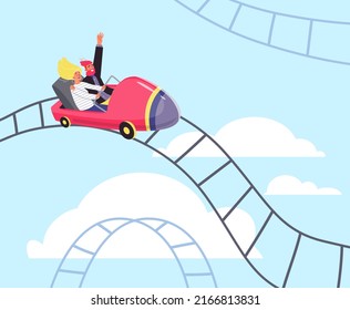 Man And Woman With Different Emotions Riding On Roller Coaster In The Sky Flat Style, Vector Illustration. Scared And Happy People, Active Outdoor Leisure