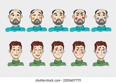 Man and woman with different facial expressions set isolated vector illustration