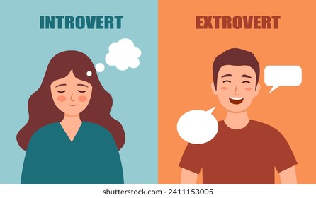 Man and woman with different personality types. Introvert and extrovert concept.