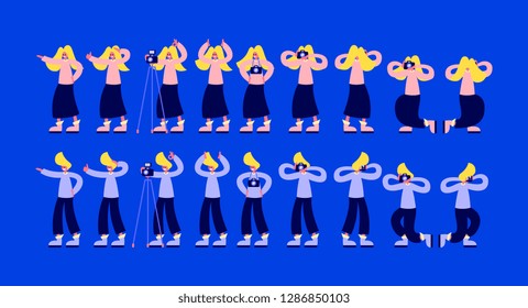 Man and woman in different poses. The concept of the photographer. Photo Studio. Sits and stands character. Flat vector illustration. Isolated elements