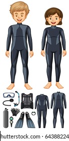 Man and woman with different scuba diving gears illustration