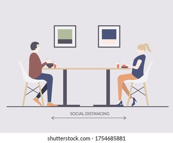 Man and woman dine and maintain social distancing at restaurant to prevent and protect covid-19 coronavirus