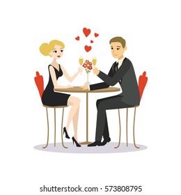 Man and woman dinner in a restaurant. Lovers couple cartoon vector illustration