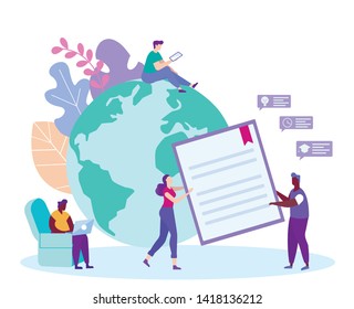 Man and Woman with Diploma in Hand on Background Globe. Distance Learning. E-Learning. Man Sit in Chair with Laptop. Vector Illustration. Getting Diploma. Sign Contract. Graduation Project.