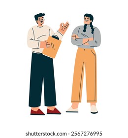 Man and Woman Discuss Episode at Shooting Film Movie Production Scene Vector Illustration