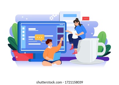 Man and woman are discussing about computer coding program. Vector illustration.