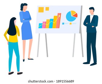 Man and woman discussing business issues, successful managers near board with graphs and charts. Vector people writing business plan, meeting of analytics