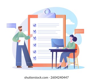 Man and woman discussing checklist tasks, with giant clipboard and computer, in modern flat style on white background. Concept of project planning. Vector illustration