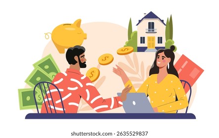 A man and woman discussing finances at a table with money, credit card, piggy bank, and house icons around them, flat style on white background. Concept of savings and investments. Vector illustration