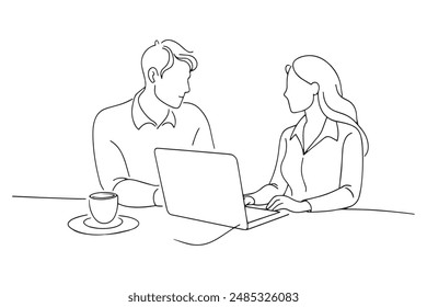 man and woman discussing in front of a laptop continuous line art vector illustration.