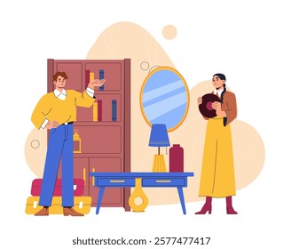 A man and woman discussing home decor near a bookshelf and a mirror in a modern, cozy interior on a soft abstract background. Vector illustration