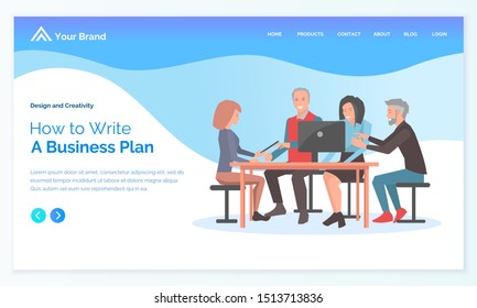 Man and woman discussing how to write business plan. Developer using laptop, leadership strategy, employee with computer, workplace vector. Webpage or app slider in flat design style, landing page