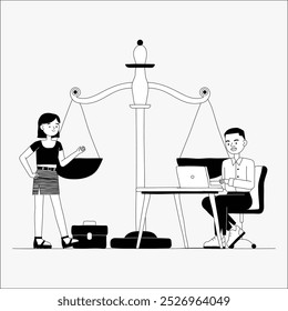 Man and woman discussing legal matters near scales of justice in flat vector illustration symbolizing law, balance, and justice, isolated on white background.