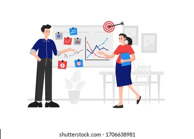 A man and a woman are discussing marketing and standing in front of a table with many sticker notes and line charts svg