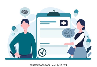 A man and woman are discussing mental health in front of a large checklist clipboard with pills and abstract symbols around, on a white background. Concept of therapy and diagnosis. Vector