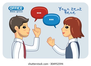 A man and a woman discussing in office with colorful dialog speech bubbles. 