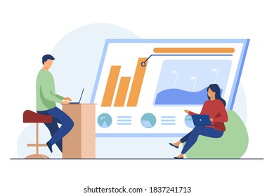 Man and woman discussing profit statistics. Graph, laptop. Flat vector illustration. Business concept can be used for presentations, banner, website design, landing web page