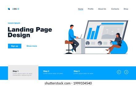 Man and woman discussing profit statistics. Graph, laptop. Flat vector illustration. Business concept can be used for presentations, banner, website design, landing web page