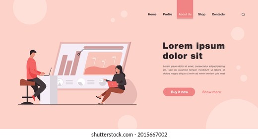 Man and woman discussing profit statistics. Graph, laptop. Flat vector illustration. Business concept can be used for presentations, banner, website design, landing web page