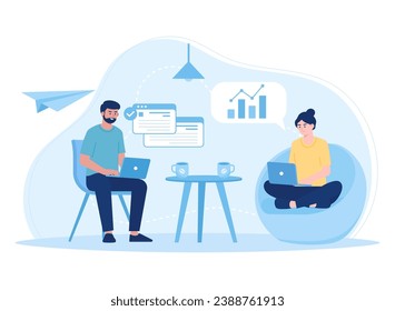 man and woman are discussing stocks trending concept flat illustration