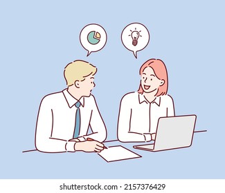 man and woman discussing work . Hand drawn style vector design illustrations.