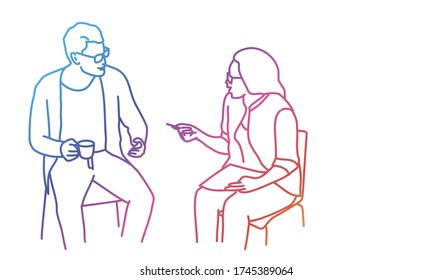 Man and woman discussing work. Rainbow colors in linear vector illustration.