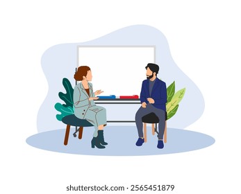 A man and a woman discussing at workplace with whiteboard at the background. 