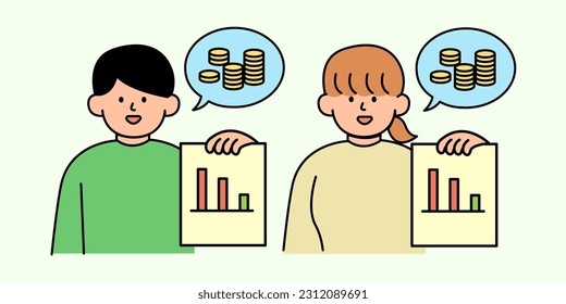 Man and woman Displaying Reduced Electricity Bill. Environment, Power and Saving Energy Concept. Cartoon Flat Vector illustration.