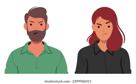 Man and Woman with Dissatisfied Facial Expressions Reveal Furrowed Brows, Downturned Lips, Portraying Discontentment And Dissatisfaction In their Face Emotions. Cartoon People Vector Illustration