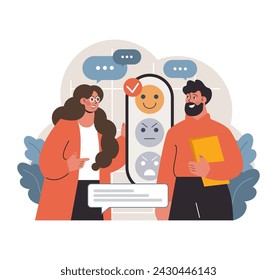 Man and woman from diverse backgrounds evaluate digital feedback. Navigating emotions in the modern workplace. Flat vector illustration