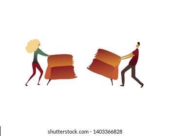 Man and a woman divide the sofa in half. Vector illustration on white background.