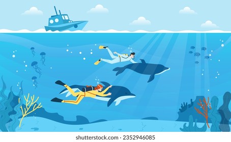 Man and woman diving concept. Young guy and girl near underwater animals, fishes and corals. People rest at sea or ocean. Couple with dolphins in water. Cartoon flat vector illustration