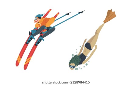 Man and Woman Diving and Skiing Engaged in Extreme Sport Activity Vector Set