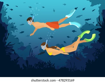 Man and Woman diving snorkeling exploring underwater world with fishes, corals, reefs