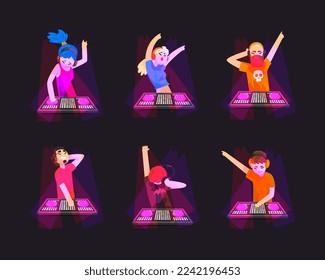 Man and Woman Dj Characters at Night Club Mixing Music Vector Set