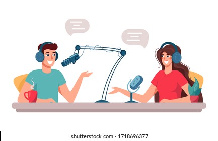 Сute man and woman are DJs on the radio. Podcast presenters with a microphone talking live in studio. Vector characters, isolated on white. For web banner, infographics, landing pages.