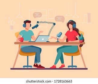 Man and woman are DJs on the radio. Concept of podcasting, radio station, interview. Podcast presenters with a microphone talking live in studio. Vector flat illustration isolated on beige background