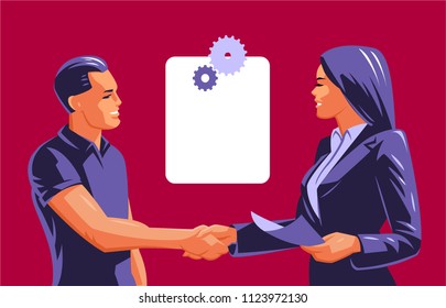 A man and a woman do a handshake and conclude a business deal. Vector illustration.