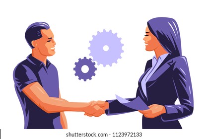 A man and a woman do a handshake and conclude a business deal. Vector illustration.